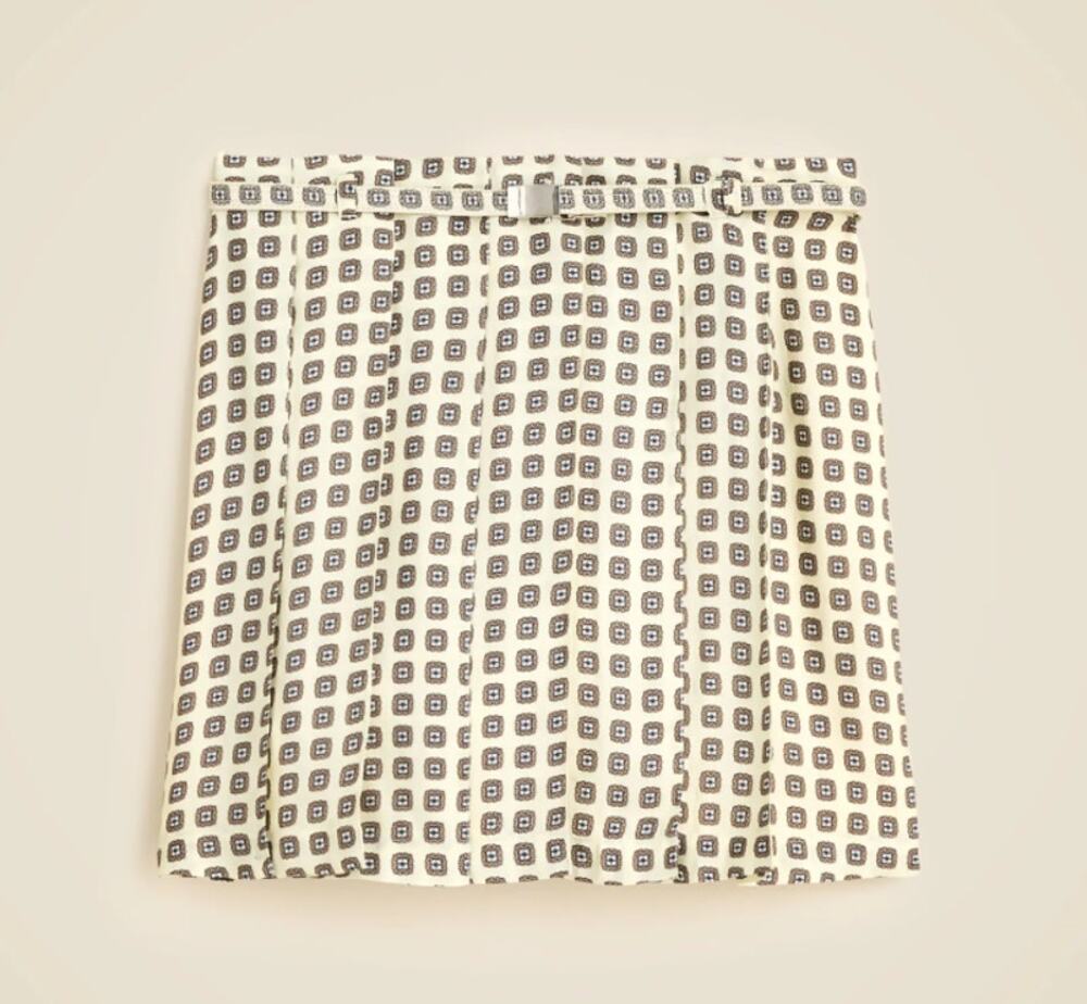 J. Crew Pleated Prep Skirt Ivory Foulard Print NWT Belted Satin Women's 00